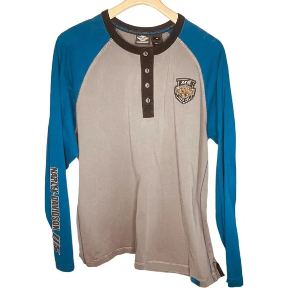 Harley-Davidson Other - Vintage Motor Harley-Davidson Blue, Gray, & Black Cycles Clothes LS Shirt